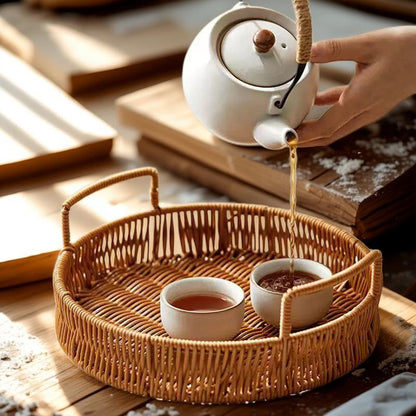 Woven Rattan Serving Tray Set